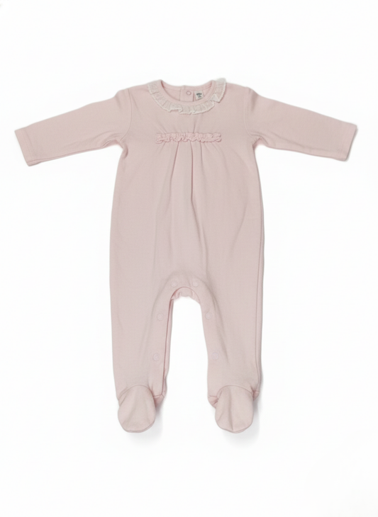 PELELE DE MANGA LARGA: ROSA CON CUELLO DE ENCAJE Y DETALLE FRUNCIDO