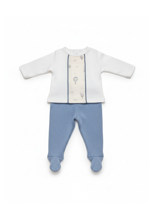 CONJUNTO DE TOP Y PANTALÓN AZUL Y BLANCO CON GLOBOS