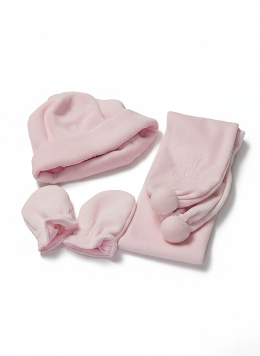 CONJUNTO DE ACCESORIOS DE INVIERNO ROSA: GORRO, GUANTES Y BUFANDA