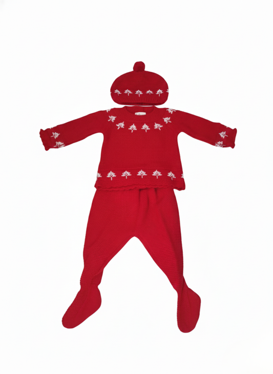 CONJUNTO DE 3 PIEZAS DE PUNTO ROJO CON BORDADO DE ÁRBOLES