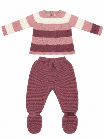 CONJUNTO DE PUNTO PARA BEBÉ CON POLAINA ROSA Y BURDEOS