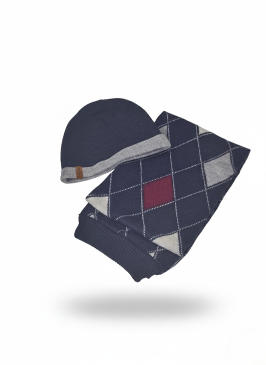 CONJUNTO DE INVIERNO: GORRO Y BUFANDA CON ESTAMPADO DE ROMBOS