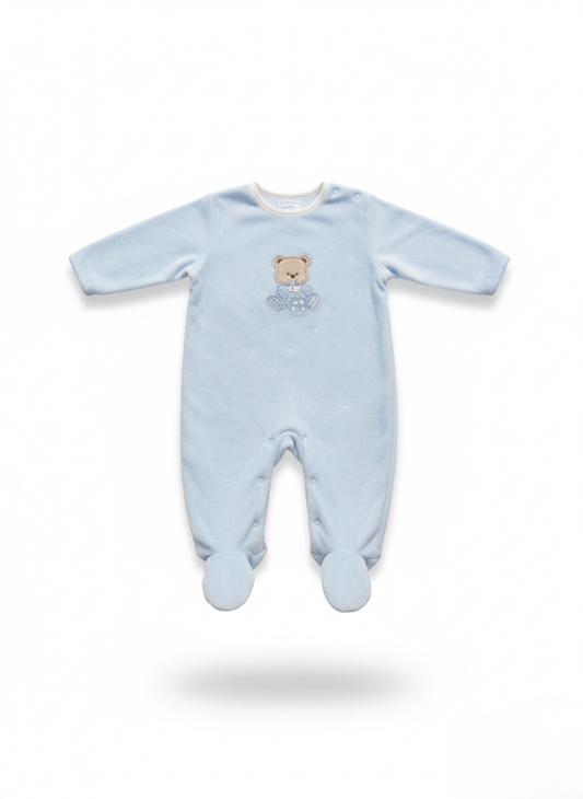 PELELE DE MANGA LARGA DE FELPA AZUL Y DIBUJO DE OSITO DE PELUCHE