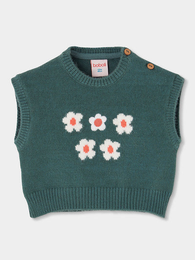 CHALECO TRICOTOSA VERDE PARA NIÑA CON FLORES