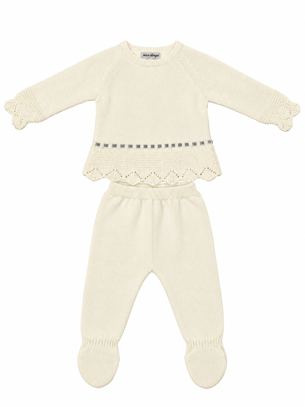 CONJUNTO DE PUNTO PARA BEBÉ CON POLAINA Y DETALLES CALADOS CRUDO