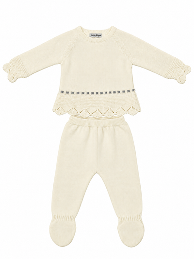 CONJUNTO DE PUNTO PARA BEBÉ CON POLAINA Y DETALLES CALADOS CRUDO
