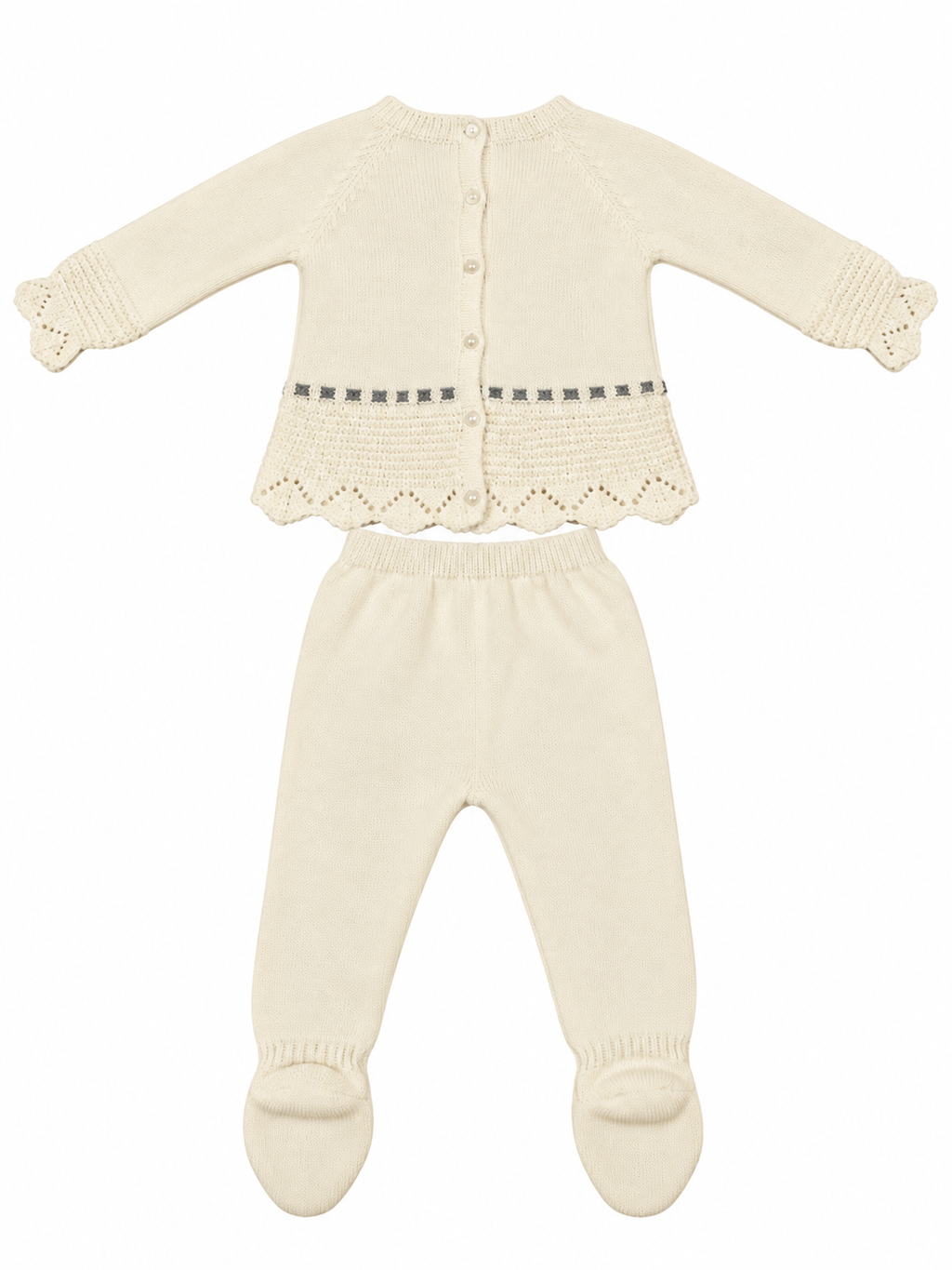 CONJUNTO DE PUNTO PARA BEBÉ CON POLAINA Y DETALLES CALADOS CRUDO