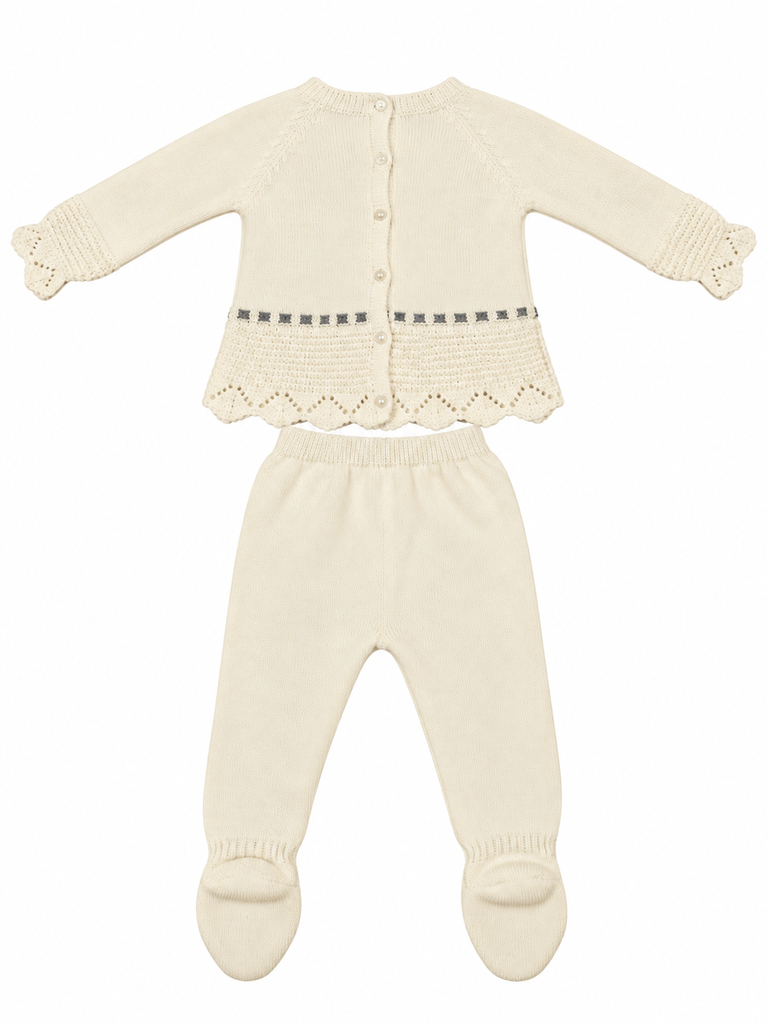 CONJUNTO DE PUNTO PARA BEBÉ CON POLAINA Y DETALLES CALADOS CRUDO