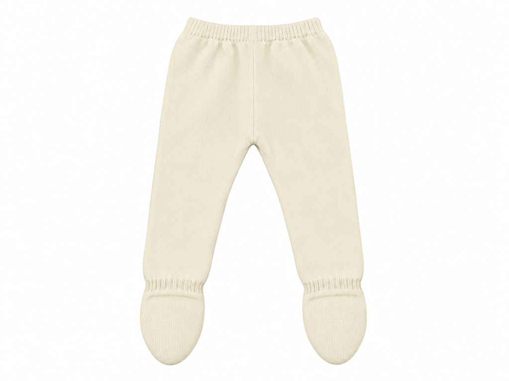CONJUNTO DE PUNTO PARA BEBÉ CON POLAINA Y DETALLES CALADOS CRUDO