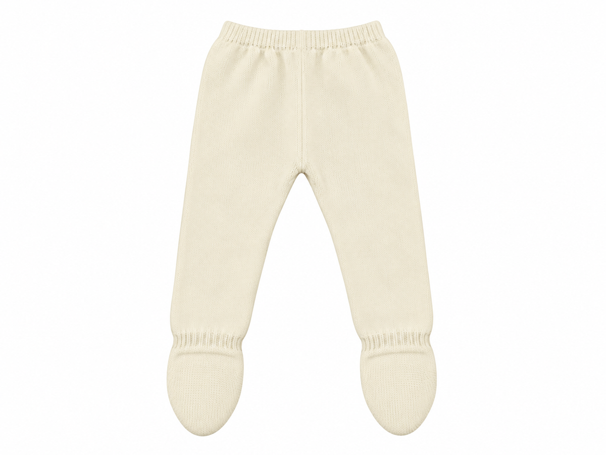 CONJUNTO DE PUNTO PARA BEBÉ CON POLAINA Y DETALLES CALADOS CRUDO