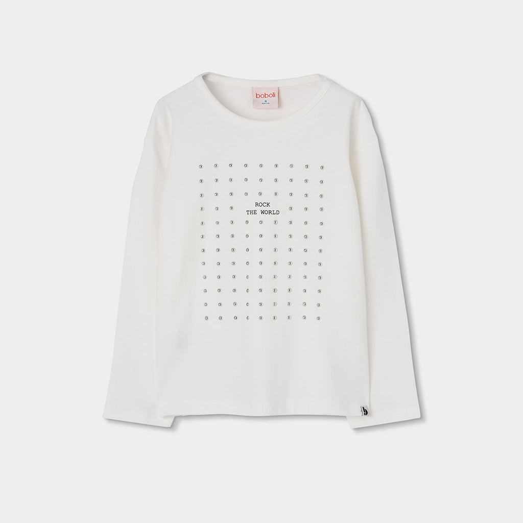 CAMISETA DE MANGA LARGA DE PUNTO ELÁSTICO BLANCA DE NIÑA
