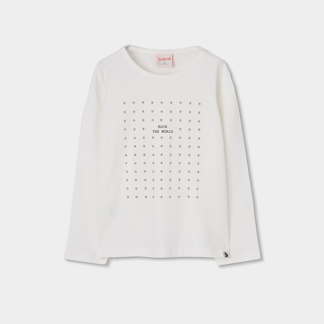 CAMISETA DE MANGA LARGA DE PUNTO ELÁSTICO BLANCA DE NIÑA