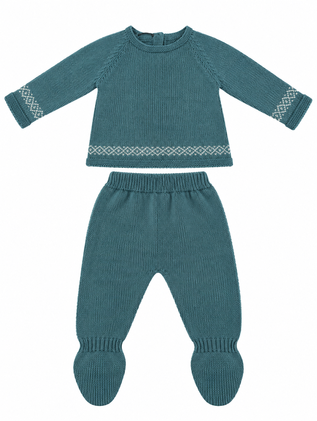 CONJUNTO DE PUNTO PARA BEBÉ CON POLAINA Y DETALLES DE GRECAS TURQUESA