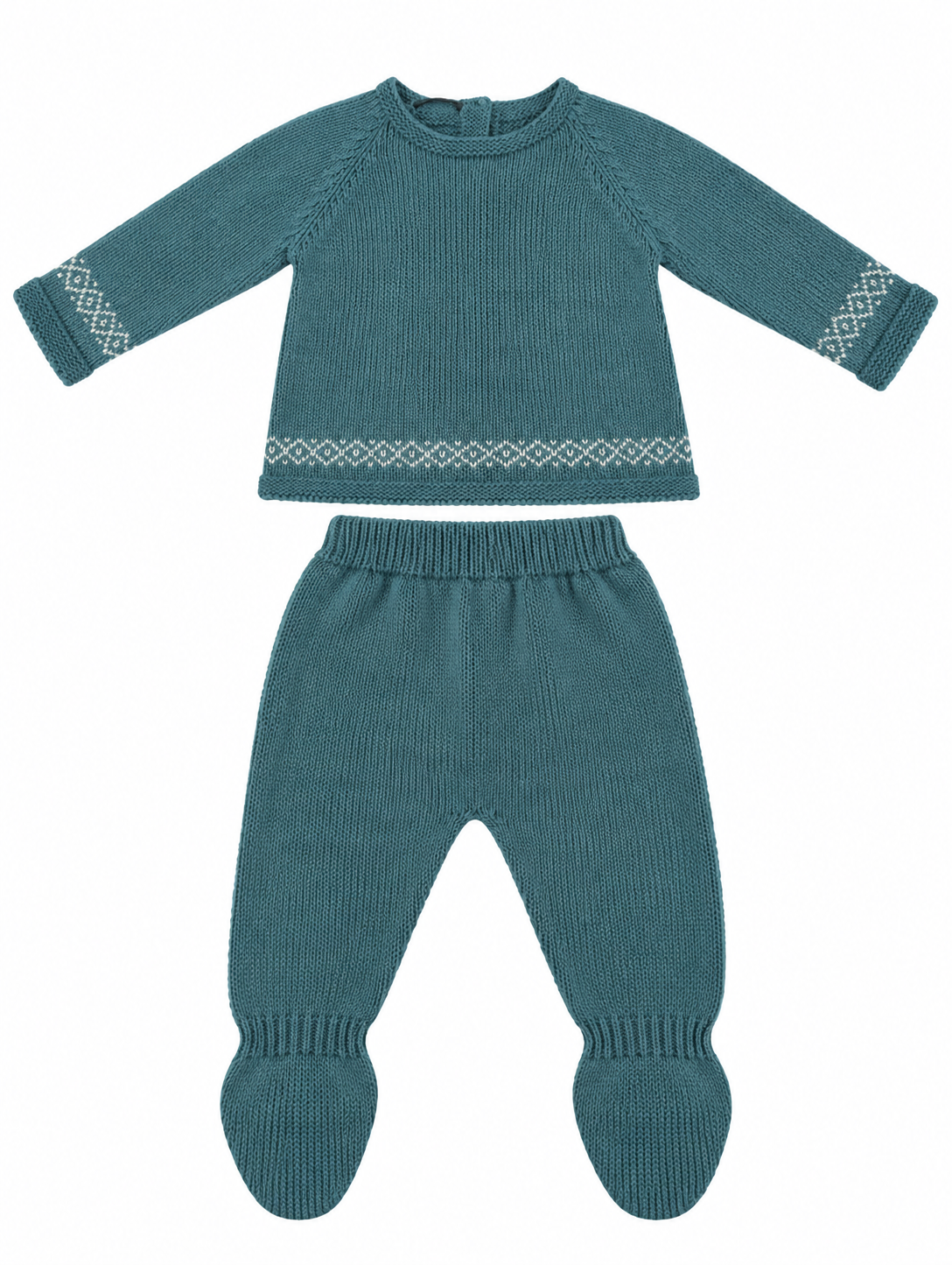 CONJUNTO DE PUNTO PARA BEBÉ CON POLAINA Y DETALLES DE GRECAS TURQUESA