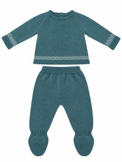 CONJUNTO DE PUNTO PARA BEBÉ CON POLAINA Y DETALLES DE GRECAS TURQUESA