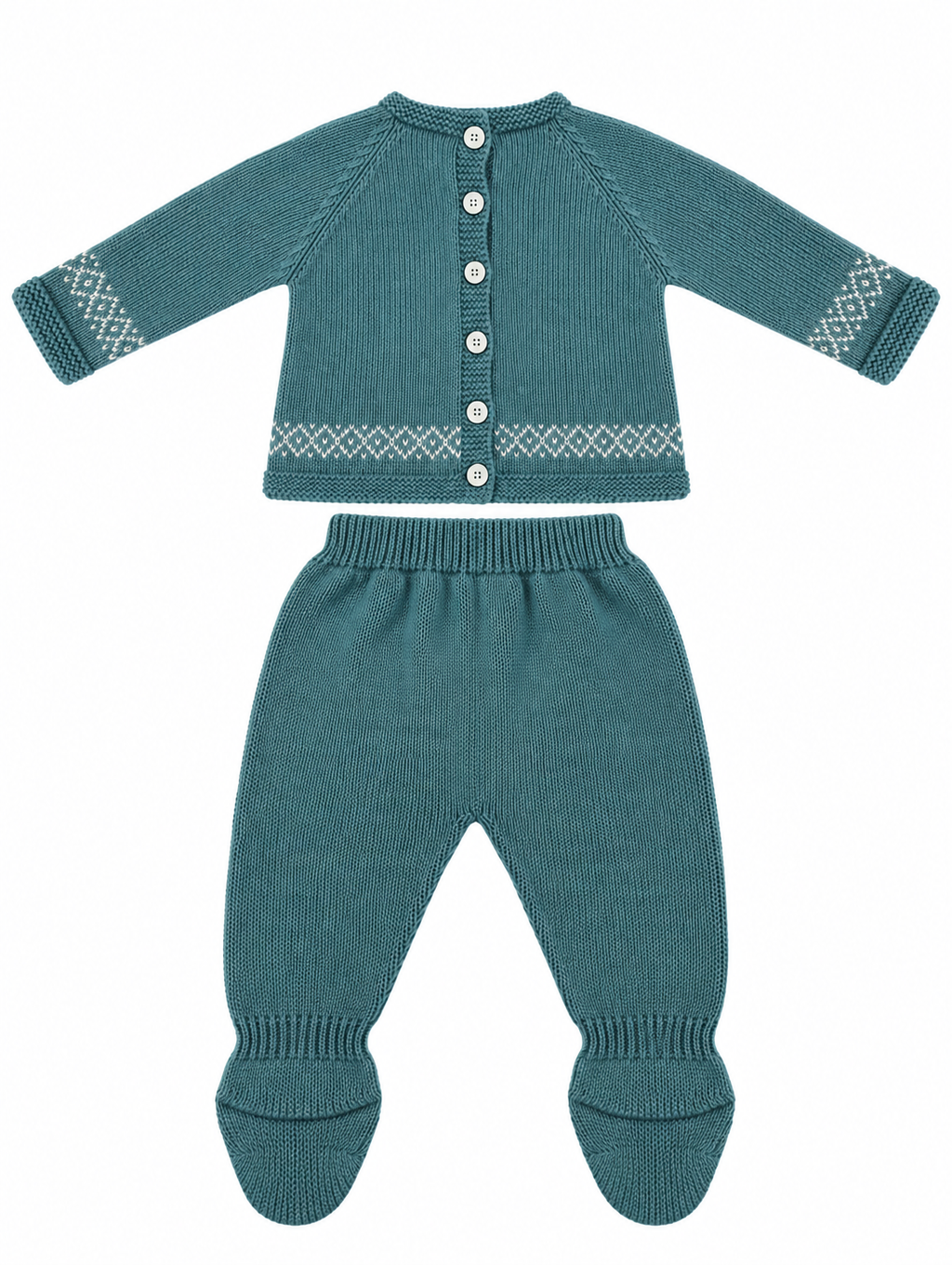 CONJUNTO DE PUNTO PARA BEBÉ CON POLAINA Y DETALLES DE GRECAS TURQUESA