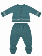 CONJUNTO DE PUNTO PARA BEBÉ CON POLAINA Y DETALLES DE GRECAS TURQUESA