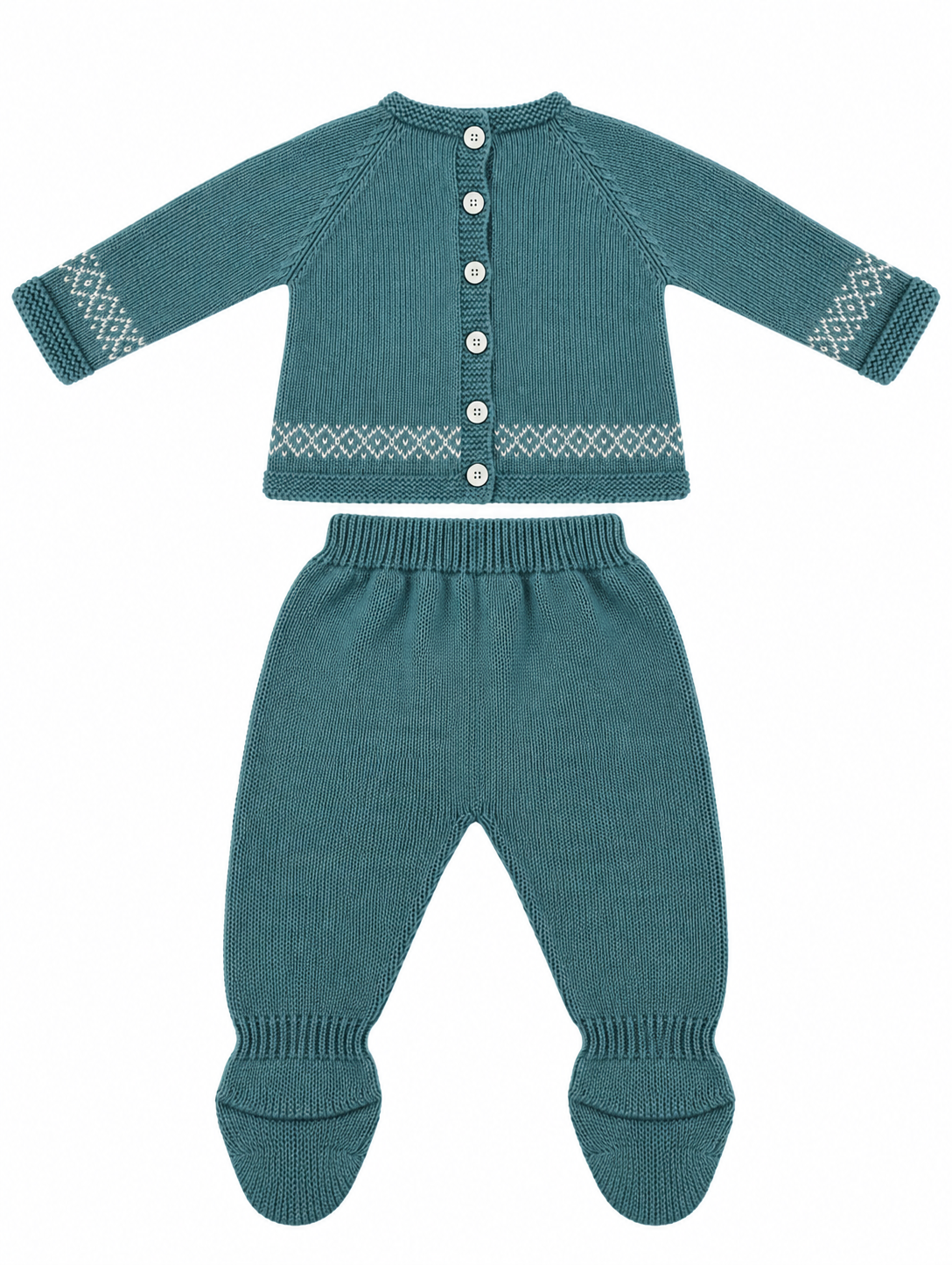 CONJUNTO DE PUNTO PARA BEBÉ CON POLAINA Y DETALLES DE GRECAS TURQUESA