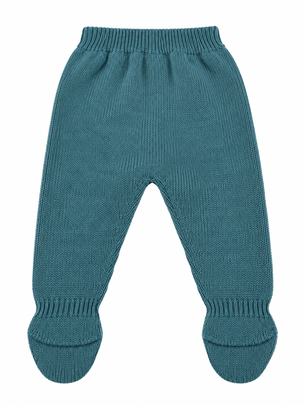 CONJUNTO DE PUNTO PARA BEBÉ CON POLAINA Y DETALLES DE GRECAS TURQUESA