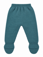 CONJUNTO DE PUNTO PARA BEBÉ CON POLAINA Y DETALLES DE GRECAS TURQUESA