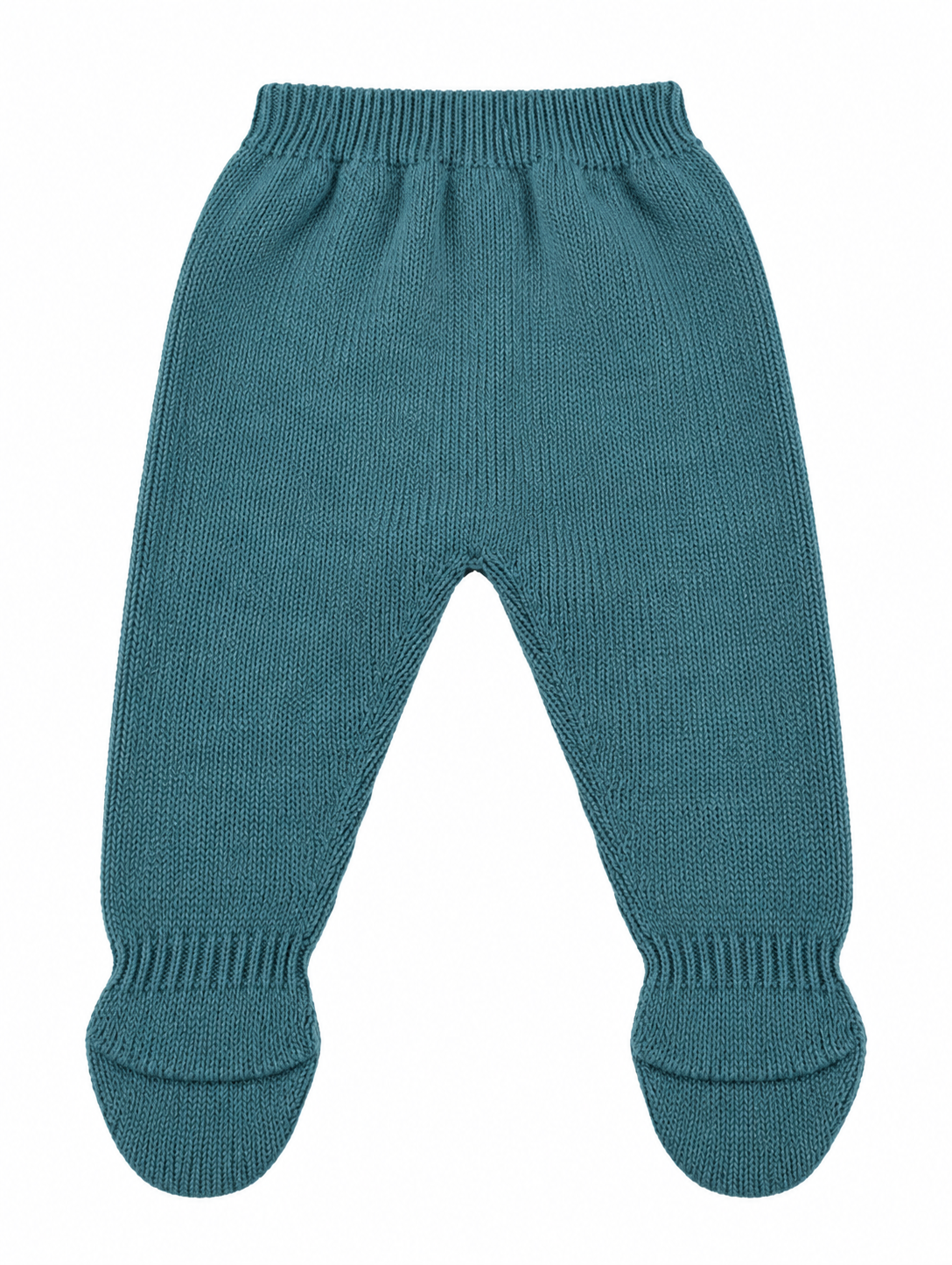 CONJUNTO DE PUNTO PARA BEBÉ CON POLAINA Y DETALLES DE GRECAS TURQUESA