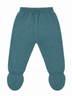 CONJUNTO DE PUNTO PARA BEBÉ CON POLAINA Y DETALLES DE GRECAS TURQUESA
