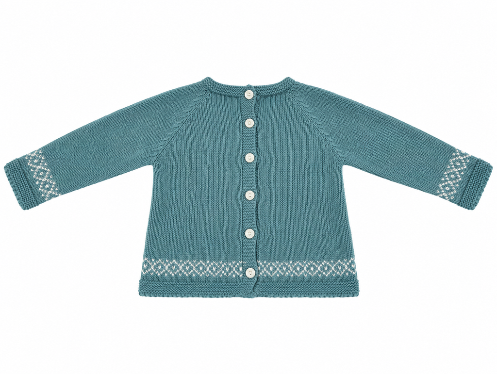 CONJUNTO DE PUNTO PARA BEBÉ CON POLAINA Y DETALLES DE GRECAS TURQUESA