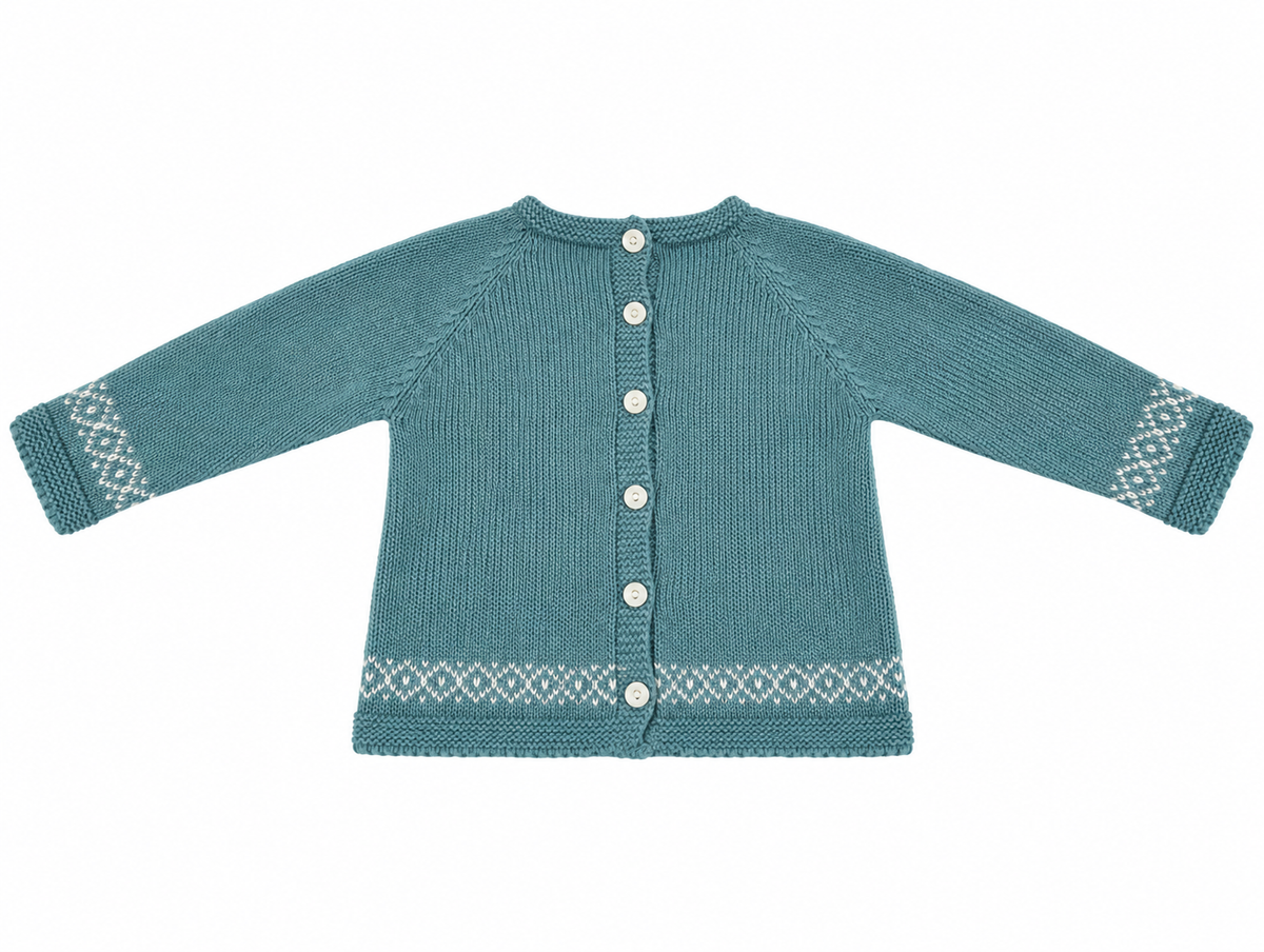 CONJUNTO DE PUNTO PARA BEBÉ CON POLAINA Y DETALLES DE GRECAS TURQUESA