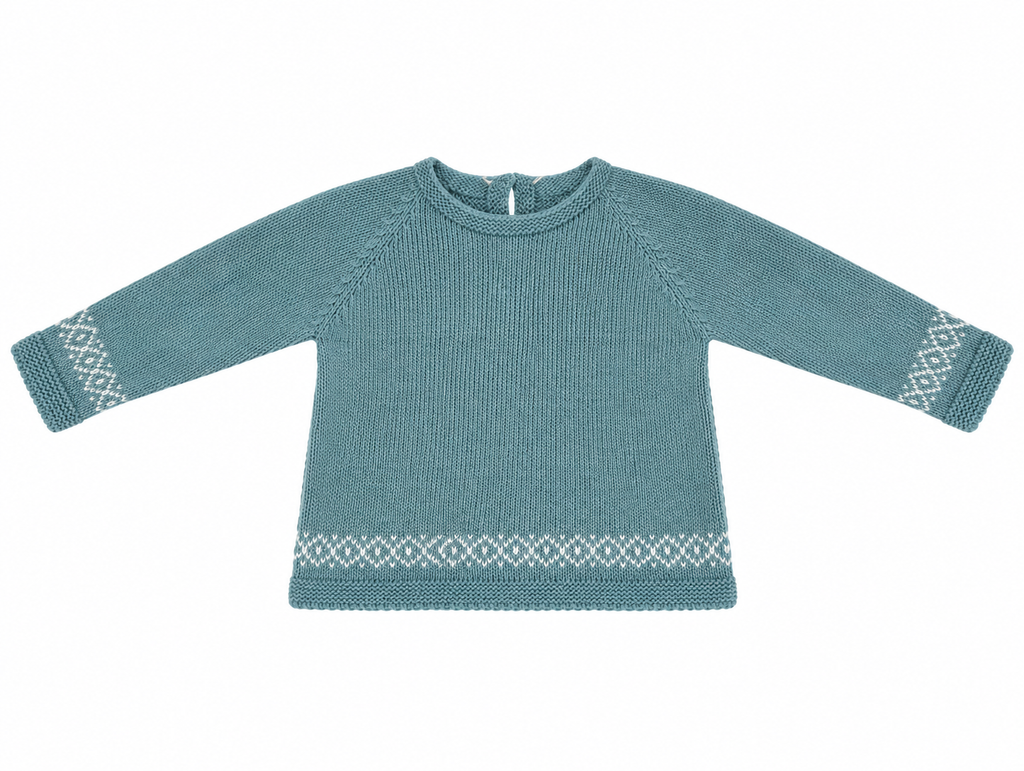 CONJUNTO DE PUNTO PARA BEBÉ CON POLAINA Y DETALLES DE GRECAS TURQUESA
