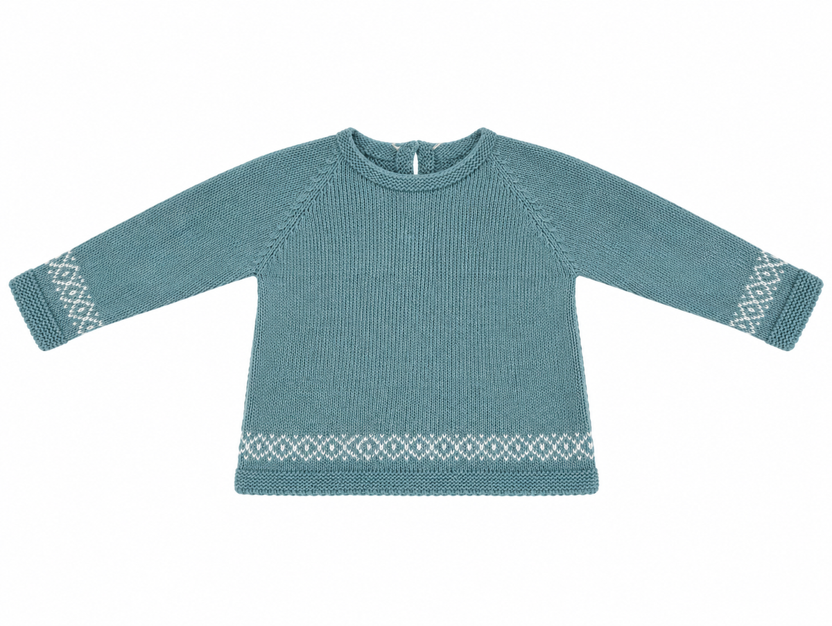 CONJUNTO DE PUNTO PARA BEBÉ CON POLAINA Y DETALLES DE GRECAS TURQUESA