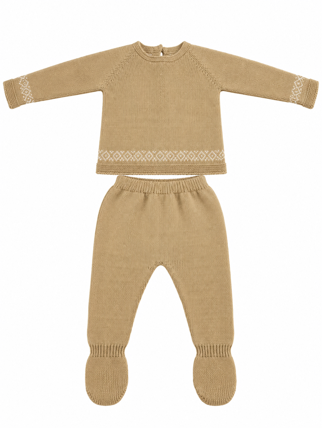 CONJUNTO DE PUNTO PARA BEBÉ CON POLAINA Y DETALLES DE GRECAS ARENA