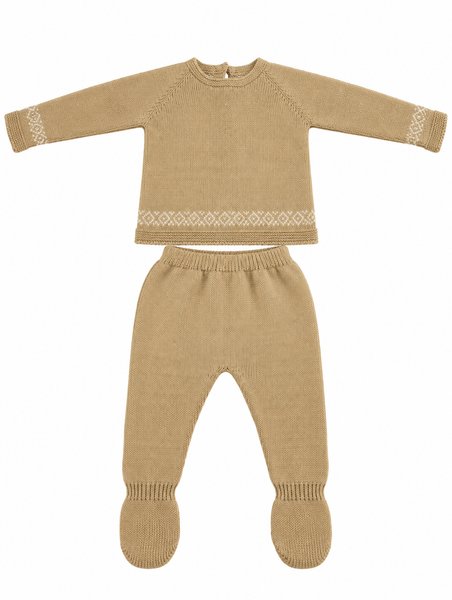 CONJUNTO DE PUNTO PARA BEBÉ CON POLAINA Y DETALLES DE GRECAS ARENA
