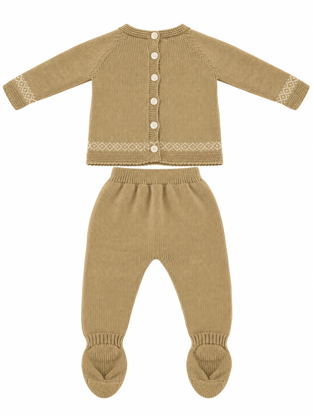 CONJUNTO DE PUNTO PARA BEBÉ CON POLAINA Y DETALLES DE GRECAS ARENA