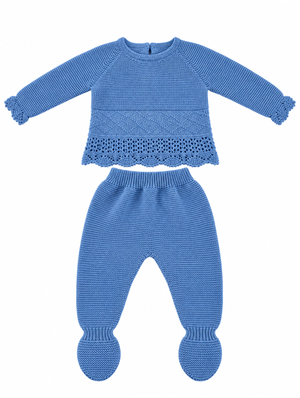 CONJUNTO DE PUNTO PARA BEBÉ CON POLAINA Y DETALLES CALADOS AZUL