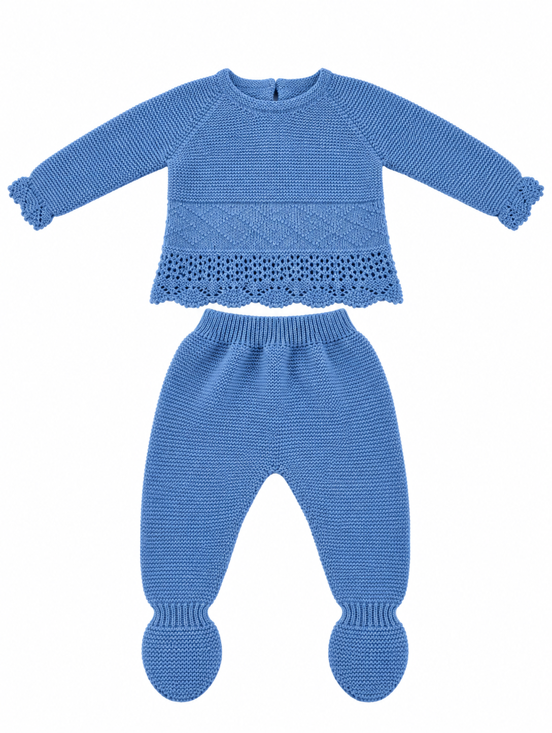 CONJUNTO DE PUNTO PARA BEBÉ CON POLAINA Y DETALLES CALADOS AZUL