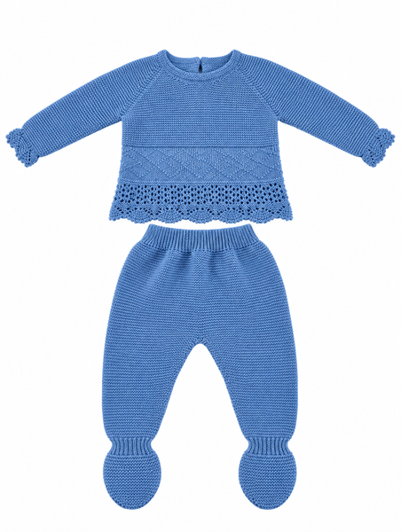 CONJUNTO DE PUNTO PARA BEBÉ CON POLAINA Y DETALLES CALADOS AZUL