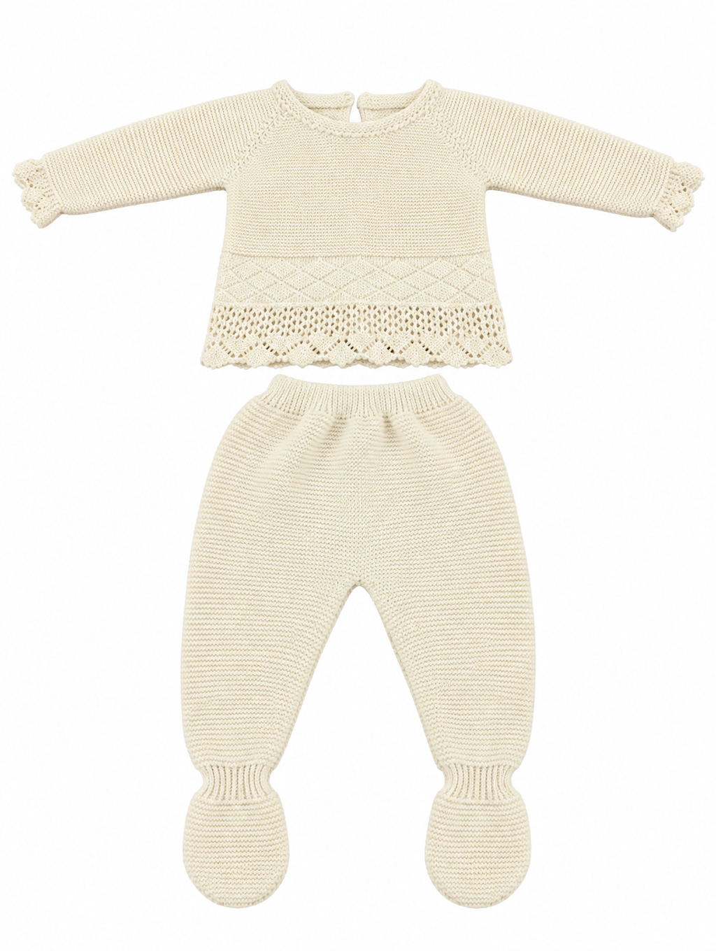 CONJUNTO DE PUNTO PARA BEBÉ CON POLAINA Y DETALLES CALADOS CRUDO