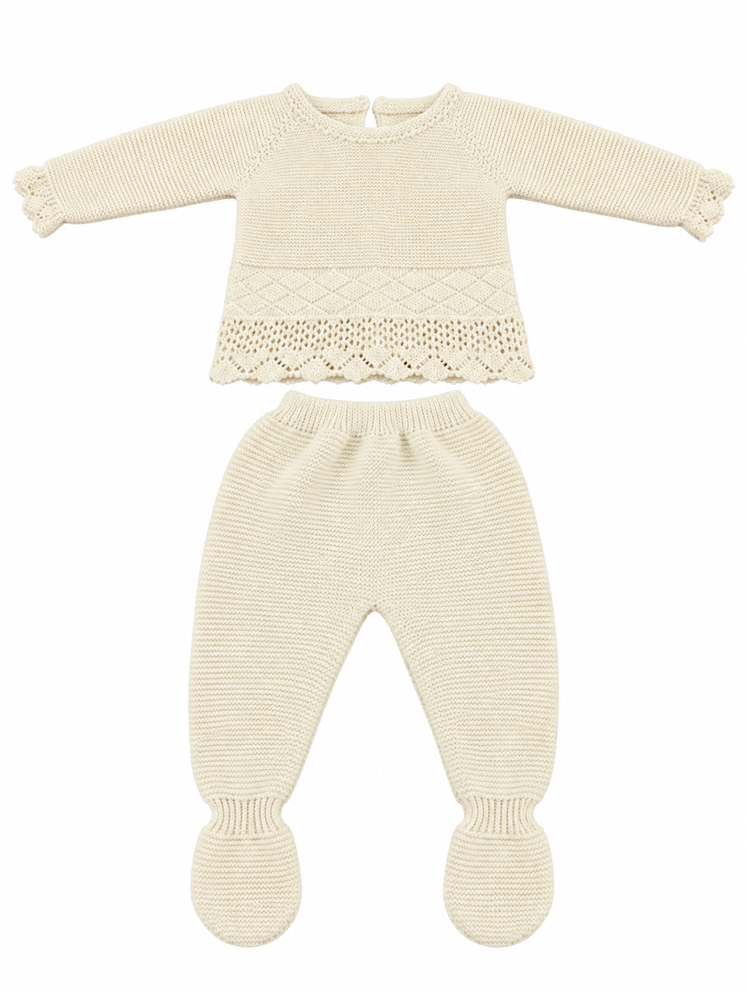 CONJUNTO DE PUNTO PARA BEBÉ CON POLAINA Y DETALLES CALADOS CRUDO