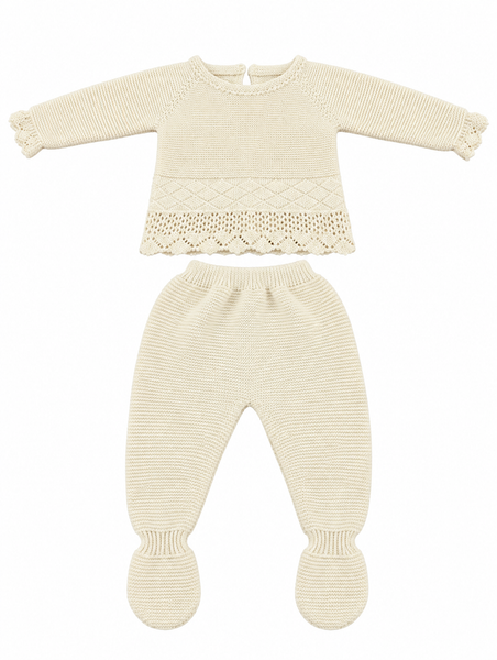 CONJUNTO DE PUNTO PARA BEBÉ CON POLAINA Y DETALLES CALADOS CRUDO