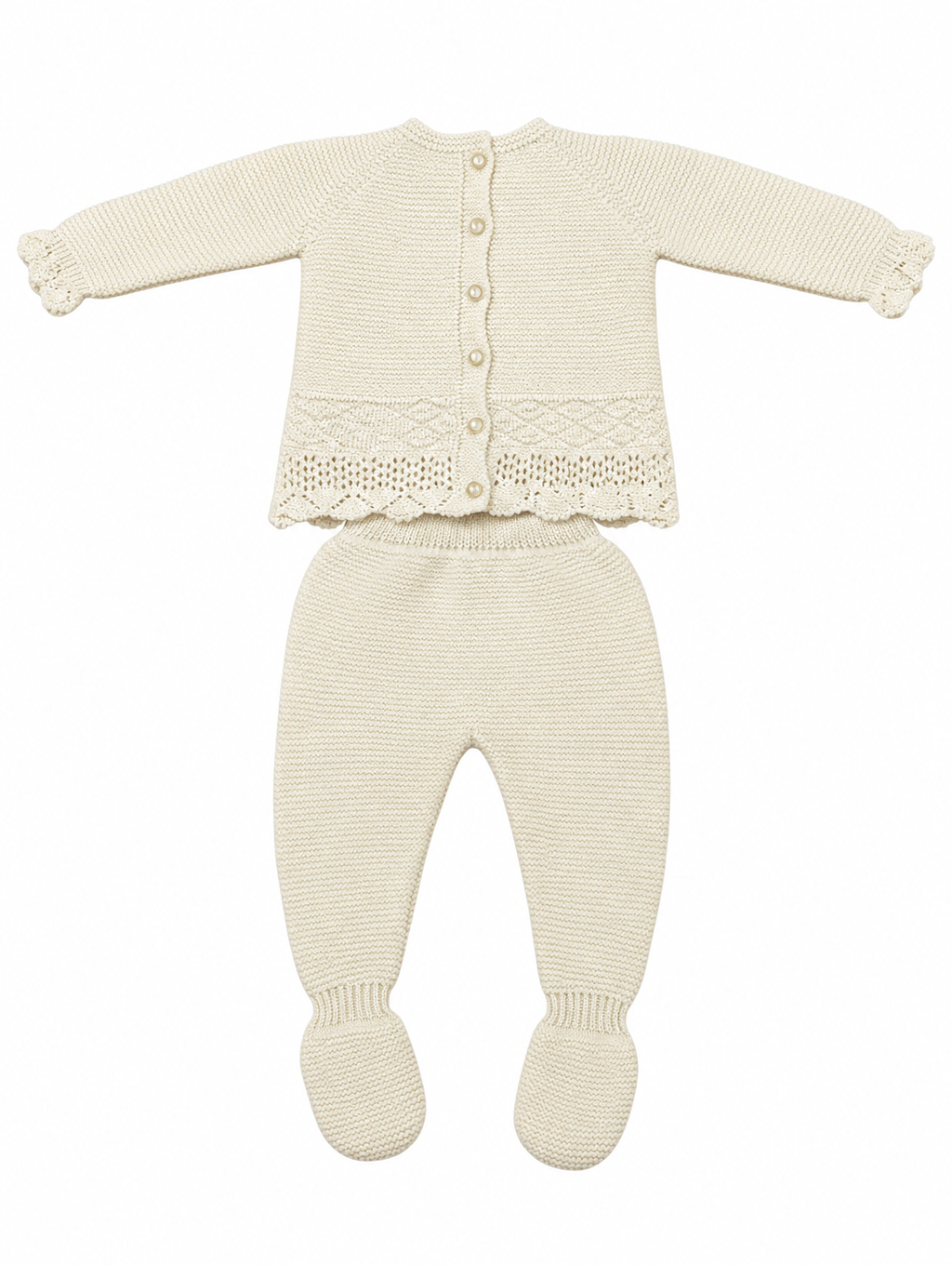 CONJUNTO DE PUNTO PARA BEBÉ CON POLAINA Y DETALLES CALADOS CRUDO