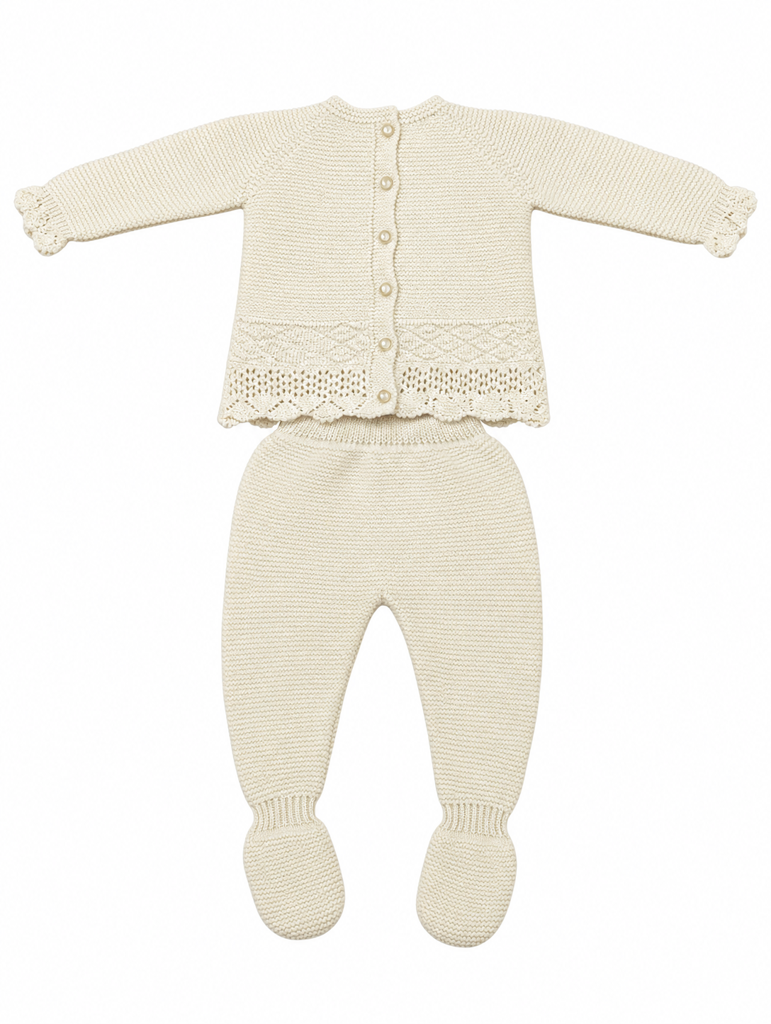 CONJUNTO DE PUNTO PARA BEBÉ CON POLAINA Y DETALLES CALADOS CRUDO