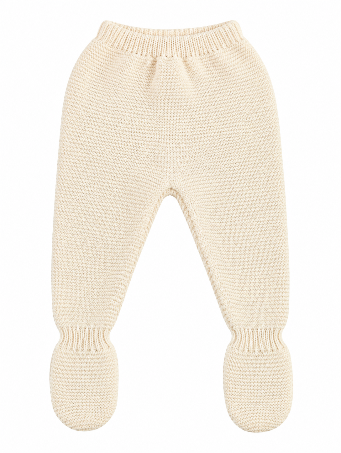 CONJUNTO DE PUNTO PARA BEBÉ CON POLAINA Y DETALLES CALADOS CRUDO
