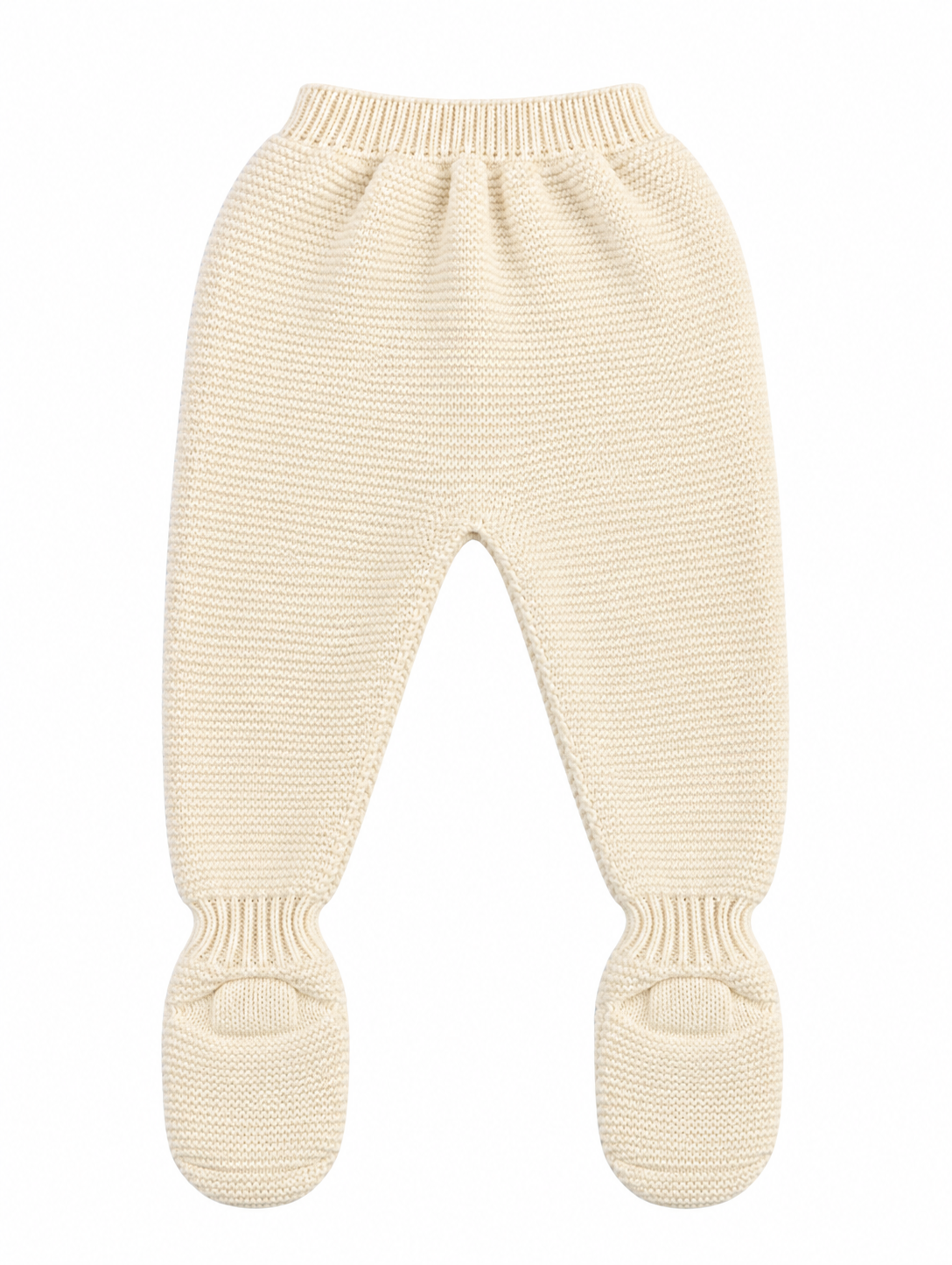 CONJUNTO DE PUNTO PARA BEBÉ CON POLAINA Y DETALLES CALADOS CRUDO