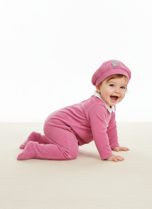 PELELE CON GORRO FUCSIA Y APLICACIONES FLORARES