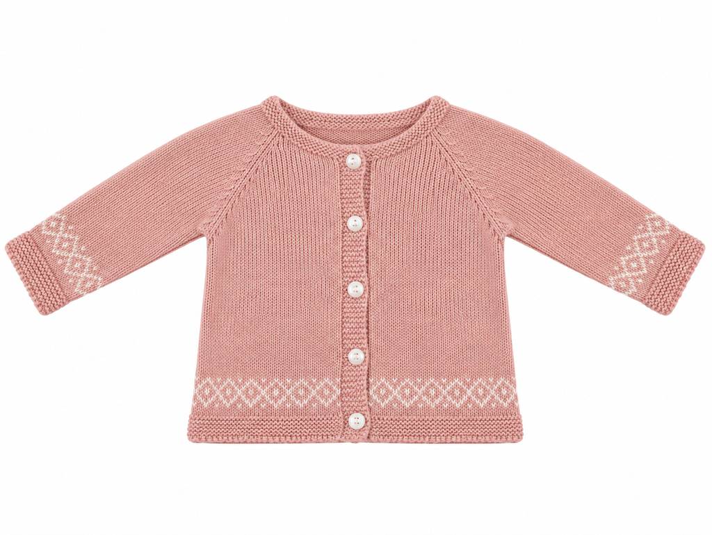 CHAQUETA DE PUNTO PARA BEBÉ CON GRECAS ROSA