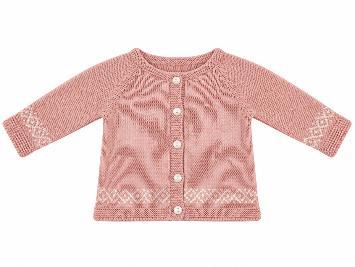 CHAQUETA DE PUNTO PARA BEBÉ CON GRECAS ROSA