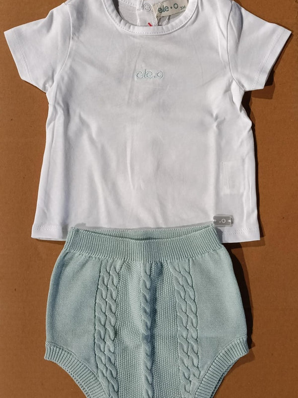 CONJUNTO DE BEBÉ DE HILO CON BRAGUITA VERDE