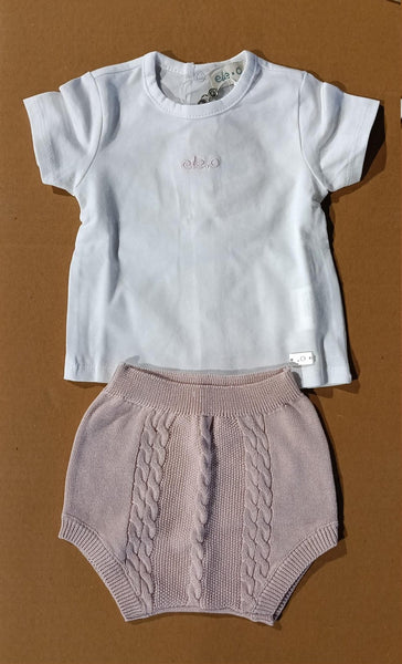 CONJUNTO DE BEBÉ DE HILO CON BRAGUITA ROSA