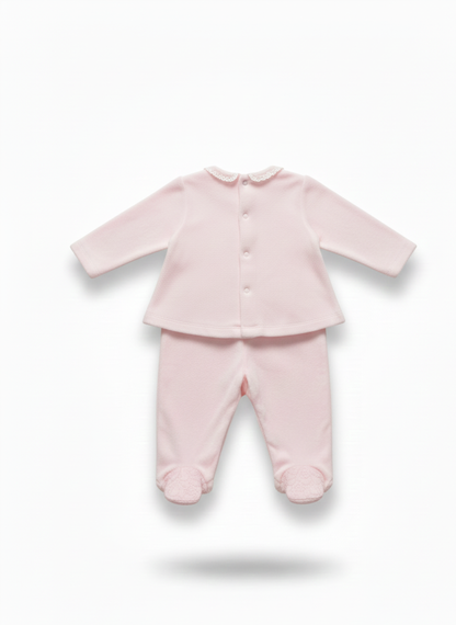 CONJUNTO DE DOS PIEZAS: FELPA ROSA Y DEATALLES DE ENCAJE