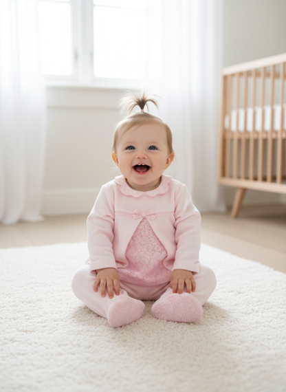 CONJUNTO DE DOS PIEZAS: FELPA ROSA Y DEATALLES DE ENCAJE